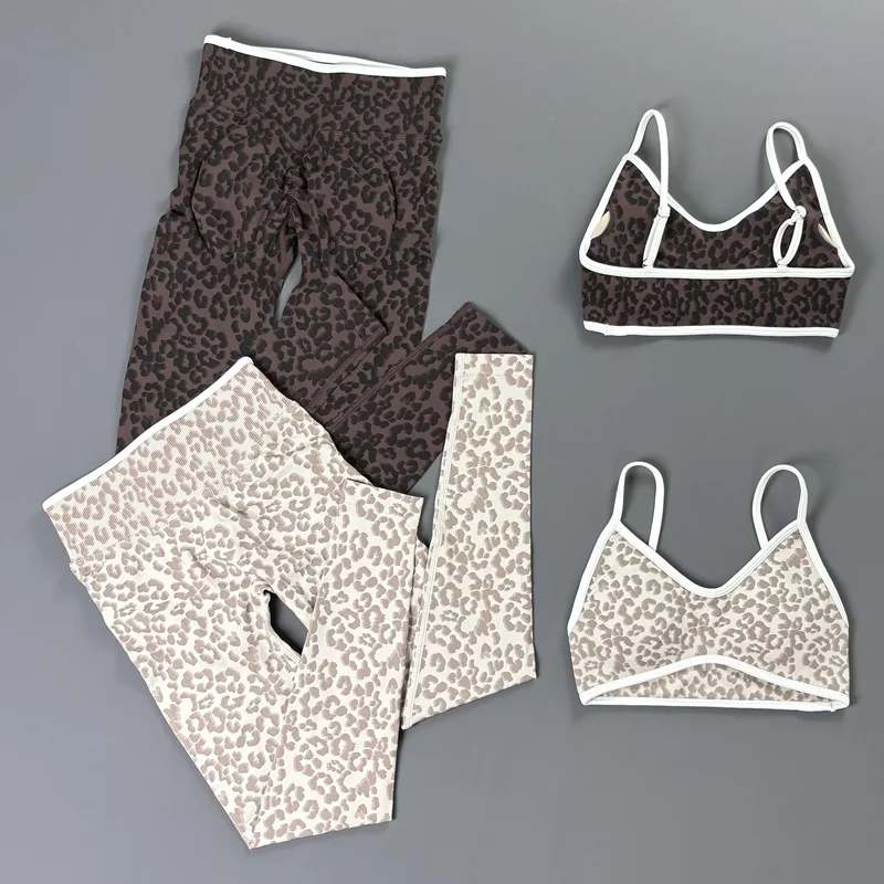 2Pcs HISTELLO Gym Leggings Set Women Leopard Print Sports Bra High Waist Squat Proof Tights Seamless Fitness Workout Yoga Suit