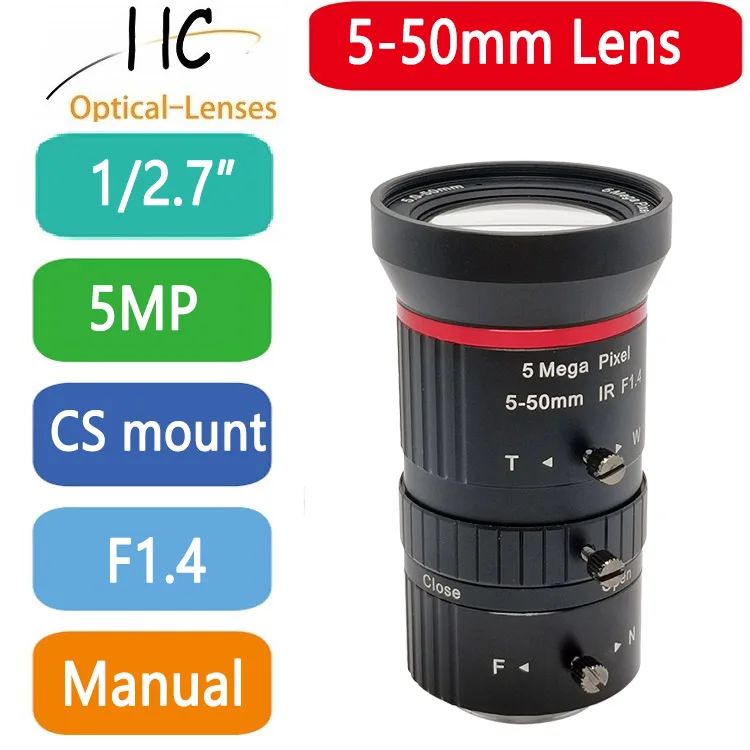 

5-мегапиксельный 5-50 мм HD-объектив для видеонаблюдения F1,4 с диафрагмой 1/2,7 дюйма, крепление CS, промышленный объектив с ручным зумом на большие расстояния