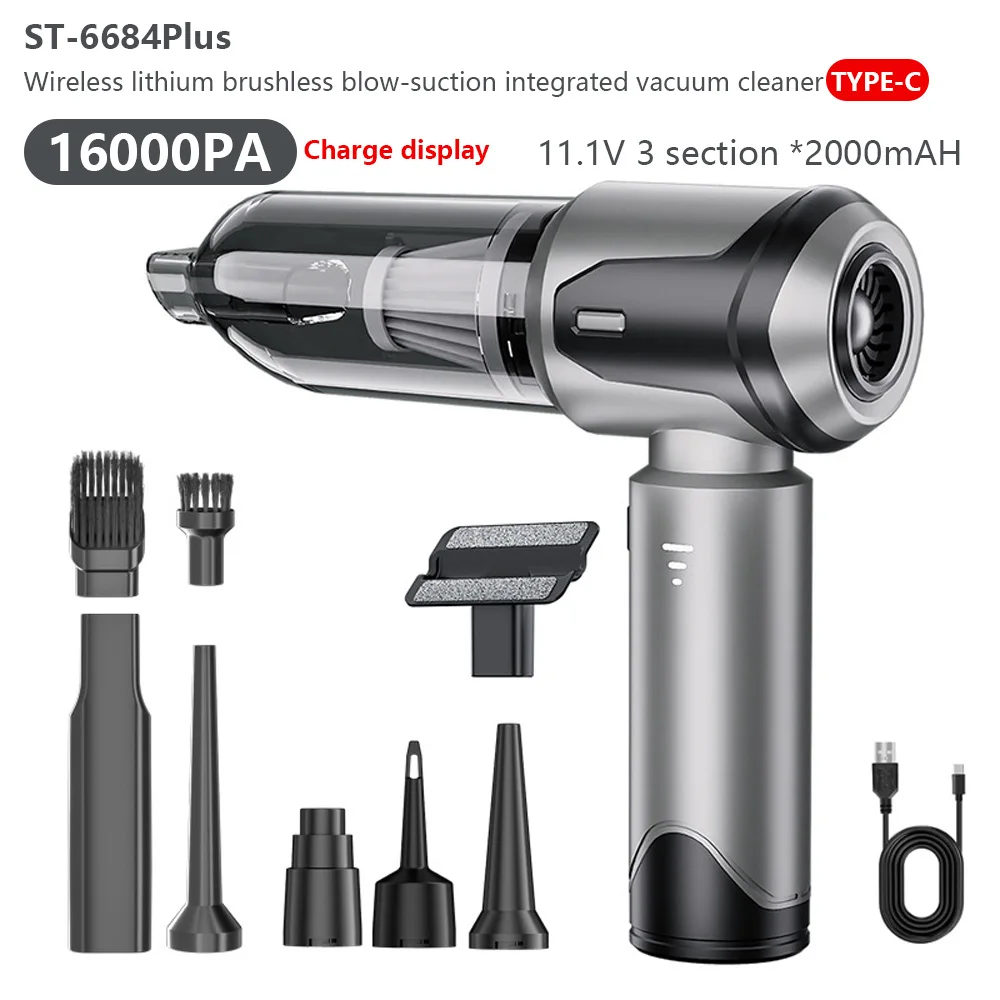 

16000Pa cordless vacuum cleaner with blowing and suction function, LED digital display, car/home/office cleaning tool