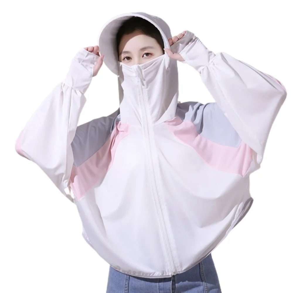

Breathable Sweatshirts Sunscreen Clothing Anti UV Patchwork Sunblock Clothing Thin Shawl Hooded Hat Sun-Proof Jacket Women