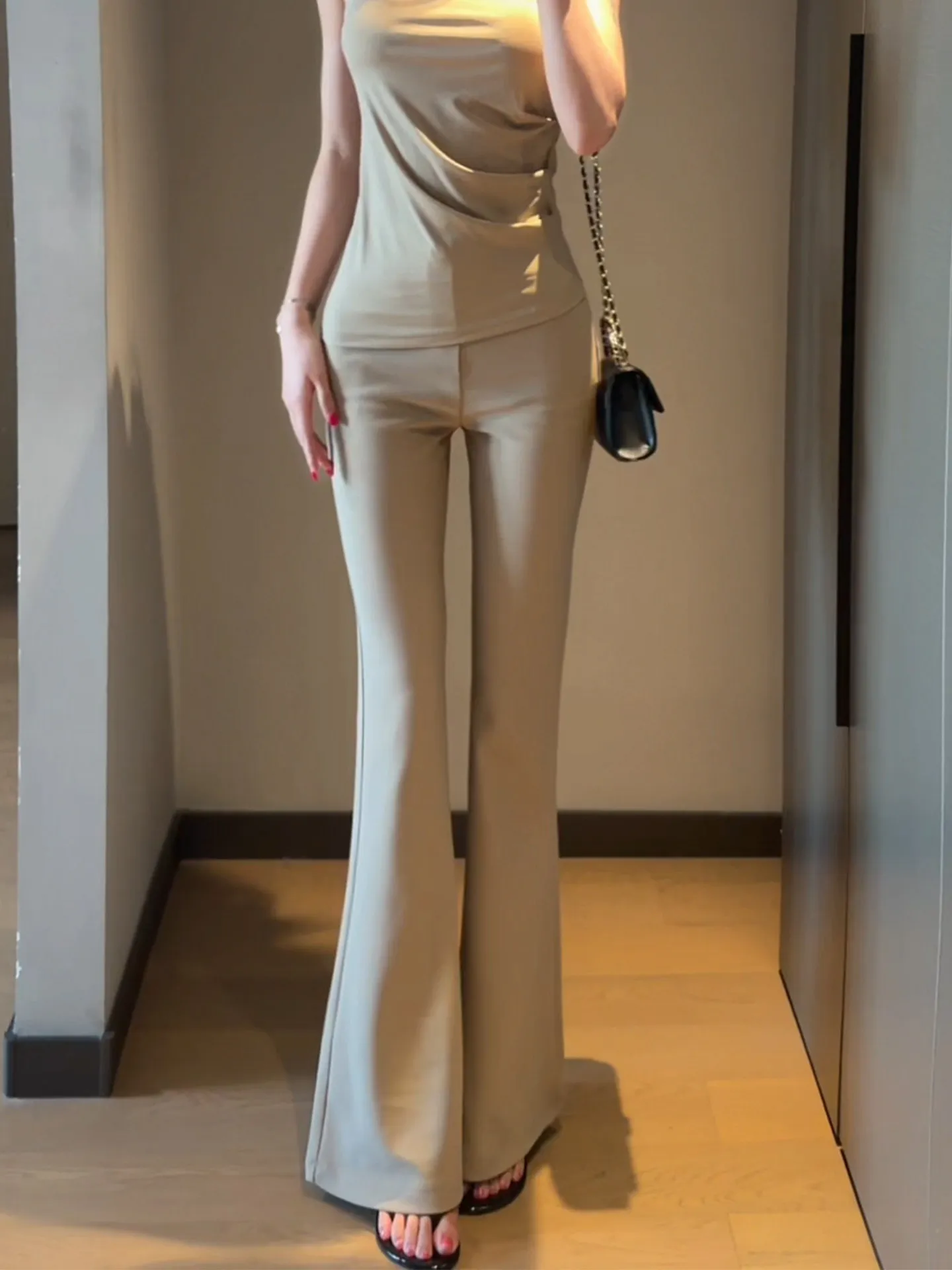 Khaki Ice Silk Micro Flared Suit Pants Women Summer Thin High Waist Elastic Slimming  Hoof Pants Classic Preppy Style