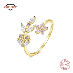 CANNER 925 Sterling Silver Cross-border Hot Horse Eye Zircon Leaves Pink Flowers Open Rings For Women's 18k Gold Fine Jewelry