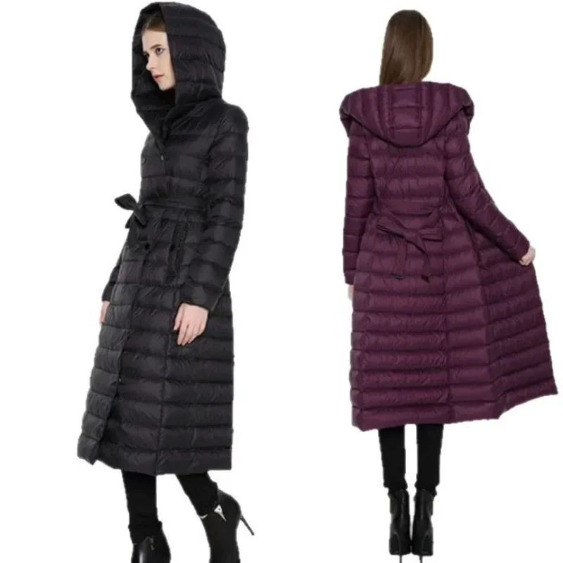 Damskie lekkie, długie kurtki puchowe z kapturem, ciepłe parki, długi rękaw, wyszczuplające, dwurzędowe płaszcze z paskiem, odzież damska.