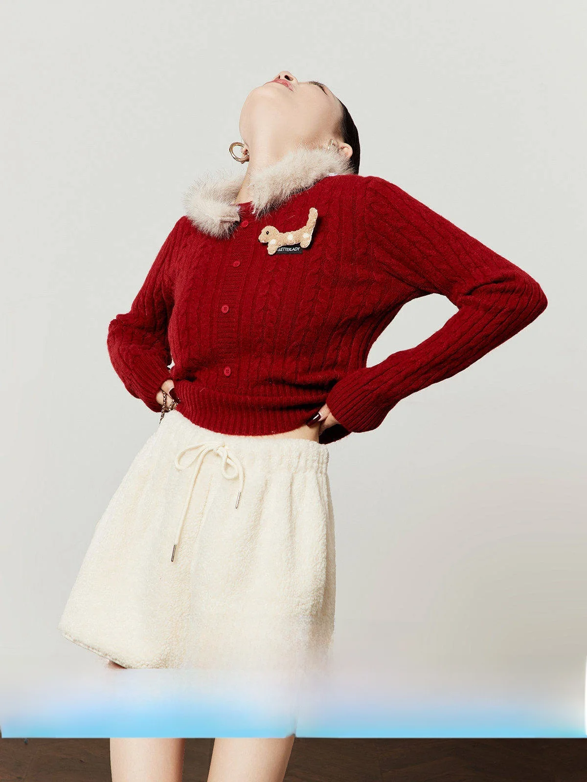 

Красный вязаный свитер цвета винного красного вина с меховым воротником, повседневный женский кардиган на весну, новинка от Zhou Li Wu