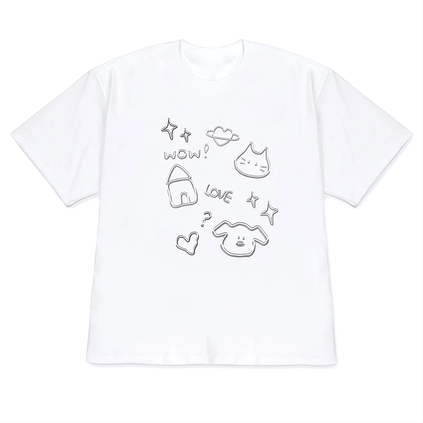 Funny Doodle Cat Dog Graphic T Shirt Women Men Summer Short Sleeve Y2k Korean Style Harajuku Kawaii Casual Fashion Promo Clothes