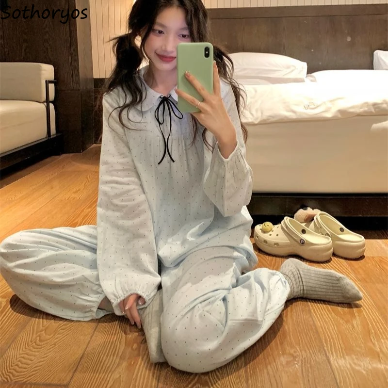 

Pajama Sets Women Lace-up Design Korean Fashion Polka Dot Ins Style Loungewear Spring Autumn Sleepwear Casual Sweet Cute Girls
