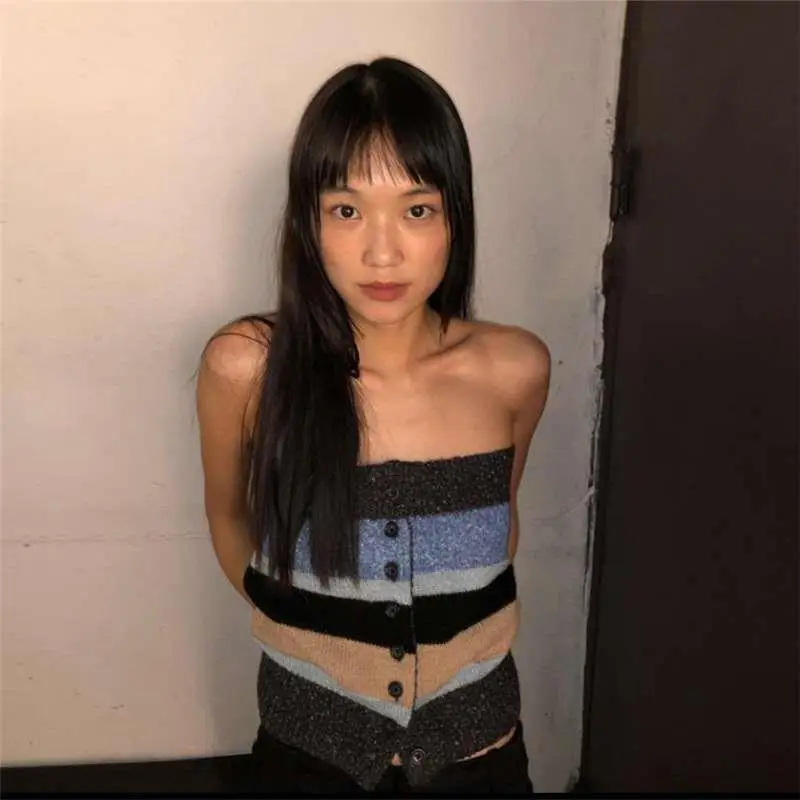 Sommer 2023, sexy gestricktes One-Shoulder-gestreiftes Röhrenoberteil für Damen, Faion-Weste, ort Länge, Streifenmuster, lässige Damenbekleidung