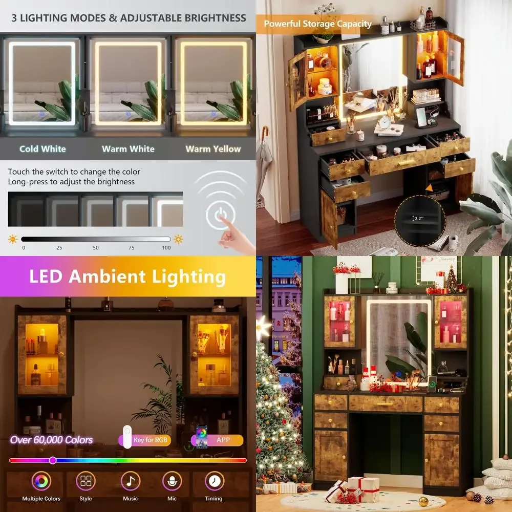 

туалетный столик с подсветкой, зеркалом и разноцветной подсветкой, туалетный столик со встроенной зарядной станцией, очень большой туалетный столик.