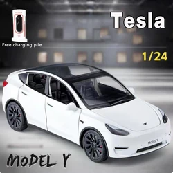 1:24 Simulation Tesla Y Alloy Car Model Sound And Light Pull Back Toy Car New Energy Electric Car Boy Collection Decoration Gift