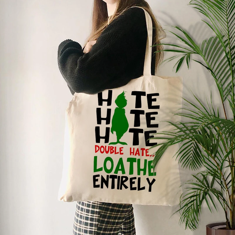 Hate Loathe Entirely Pattern Tote Bag Christmas gift bag for her Casual Canvas Shoulder Bags Foldable Large Capacity Shopper