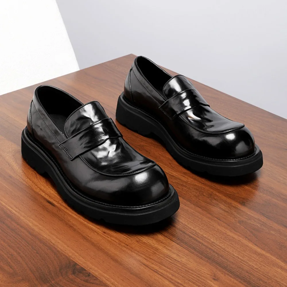 2026 New Men's Loafers Faux Cow Soft Leather Hand Grained Slip On Casual Leather Shoes Big Head Thick Sole Height Lazy Shoes