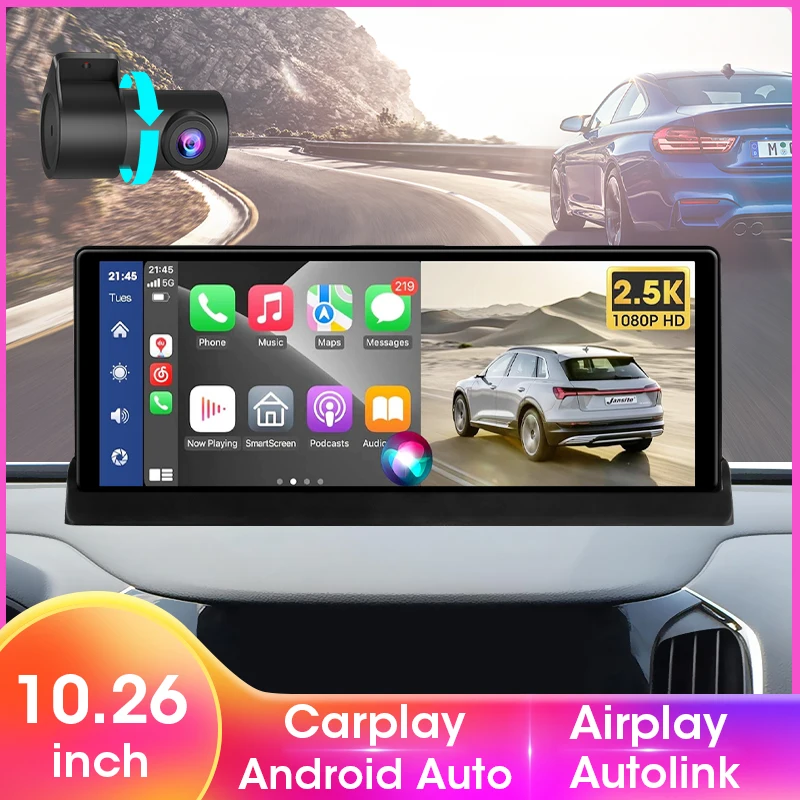 10.26 inch Portable Wireless CarPlay Android Auto Car Stereo,2.5K Dash Cam 1080P Backup Camera,Navigation Dashboard Recorder