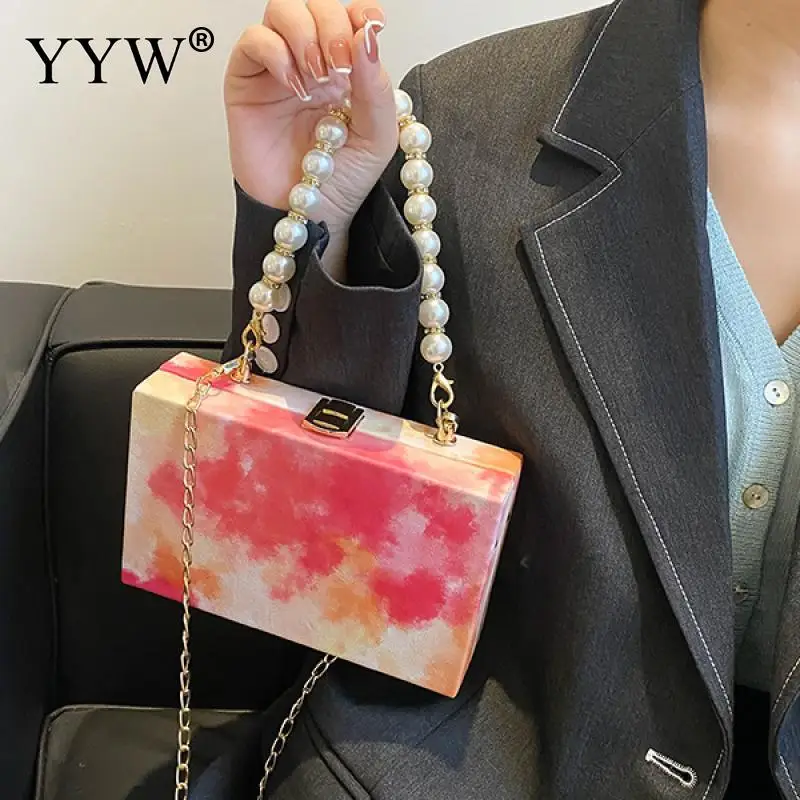 Fashion Colorful Ink Painting Women Clutch Handbag Mini Big Pearl Top Handle Soft PU Leather Messenger Purse Crossbody Chain Bag