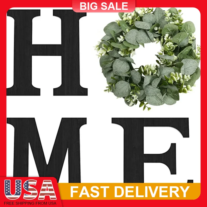 

Farmhouse Wood Wall Sign with Eucalyptus Wreath, Rustic Home Decor Letters for Living Room Kitchen Entryway, Housewarming Gift