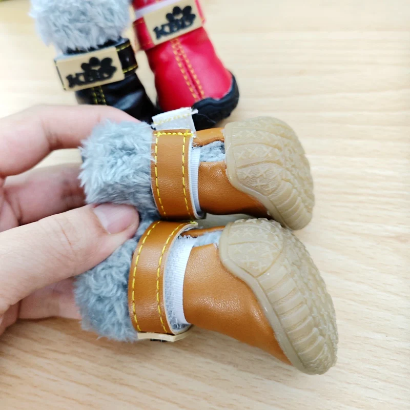 Waterproof Leather Sneaker Shoes For Small Dogs Winter Warm Snow Fur Pet Footwear 4pcs/set Boots Product Chihuahua Yorkshire Cat