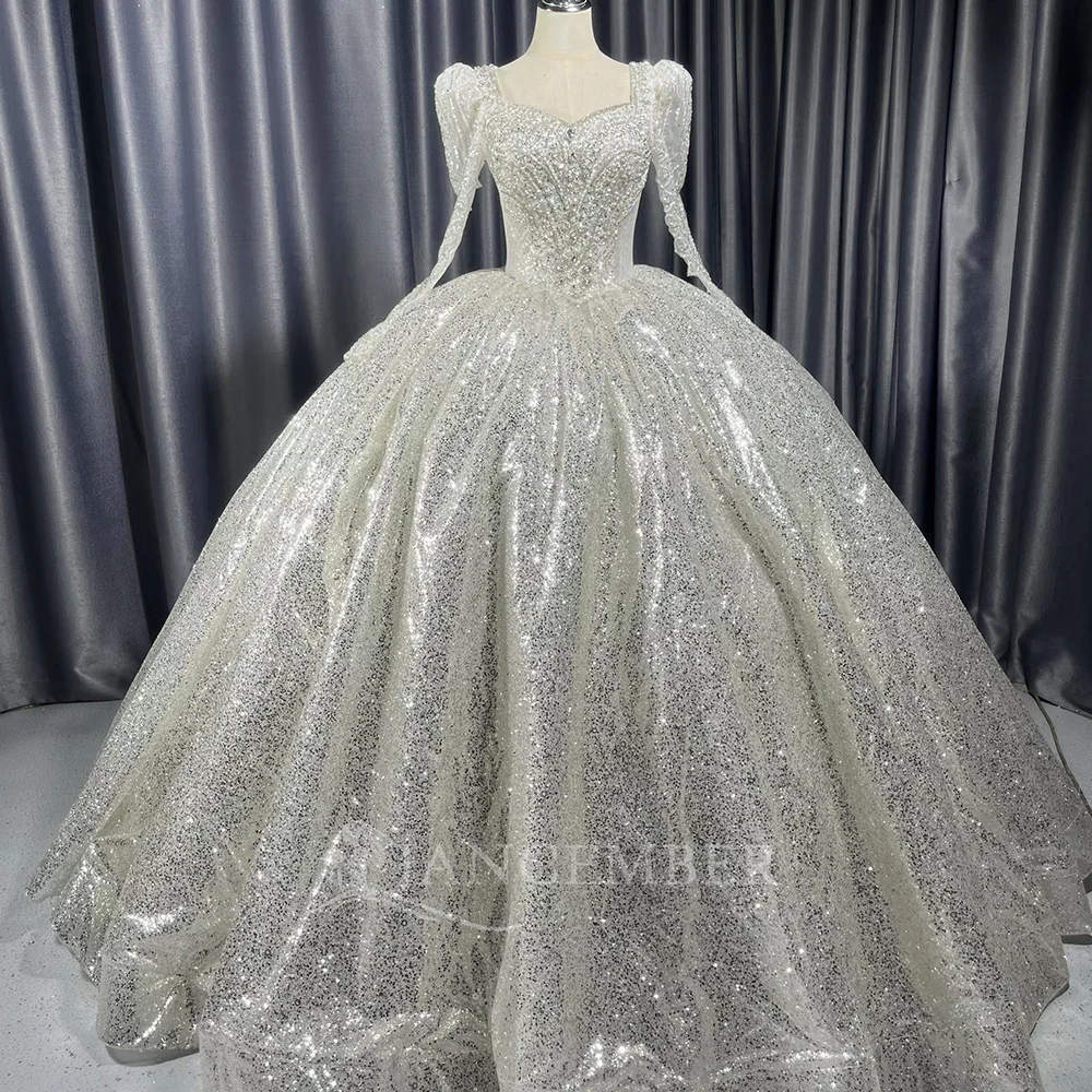 

Customized Long Sleeve Ball Gown Wedding Dresses Beading Lace Women Bridal Gowns Lace Up Back Scoop платье свадебн