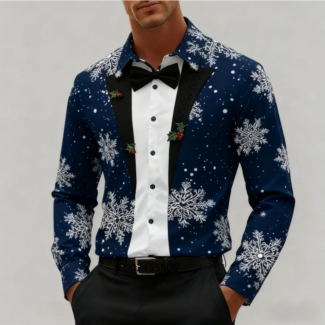New Christmas snowflake fashionable men's high-definition 3D printed shirt short-sleeve top men's clothing Christmas long-sleeve
