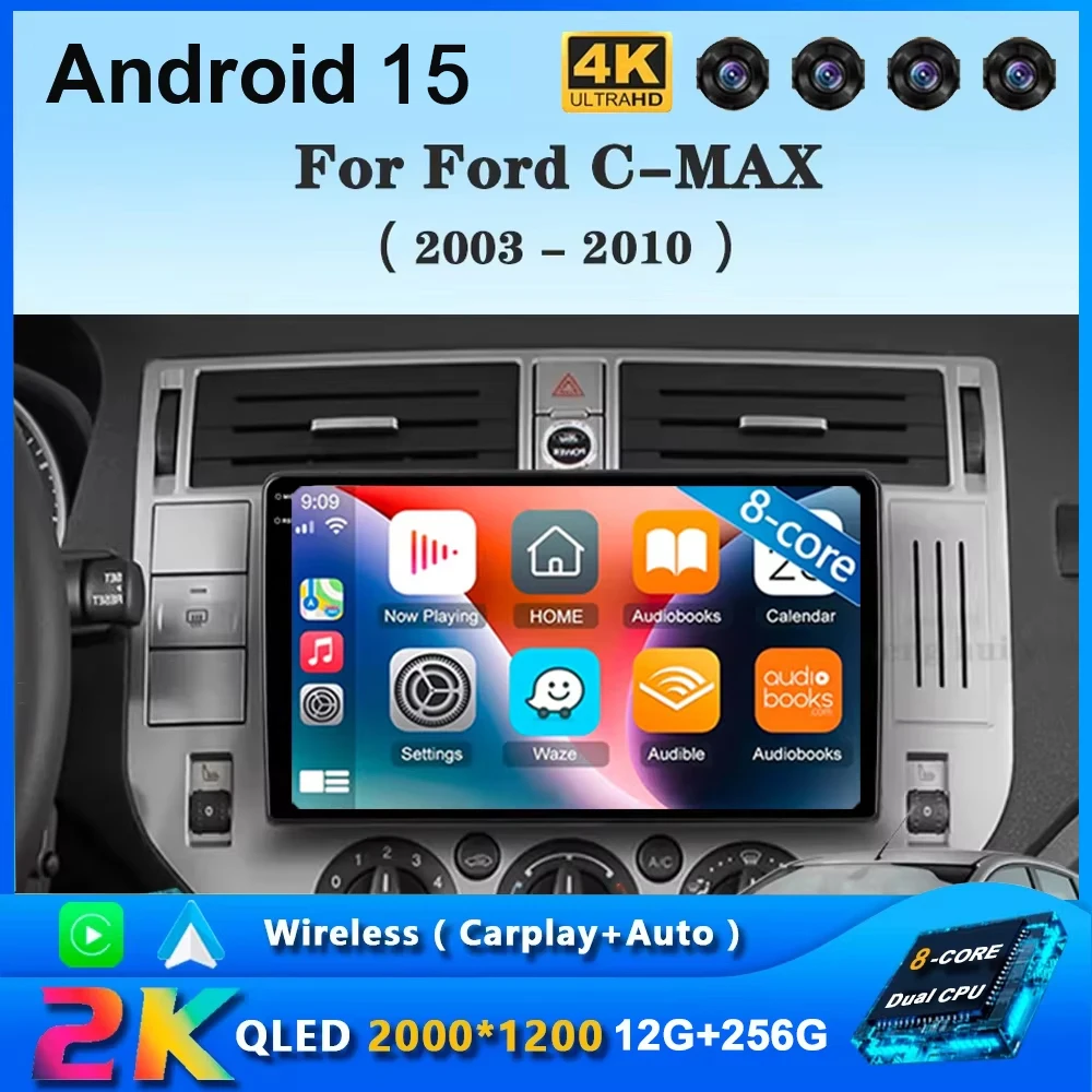 Para ford C-MAX 2003 - 2010 2k qled 12 + 256gb android 15 carplay rádio do carro reprodutor de vídeo multimídia gps unidade principal estéreo