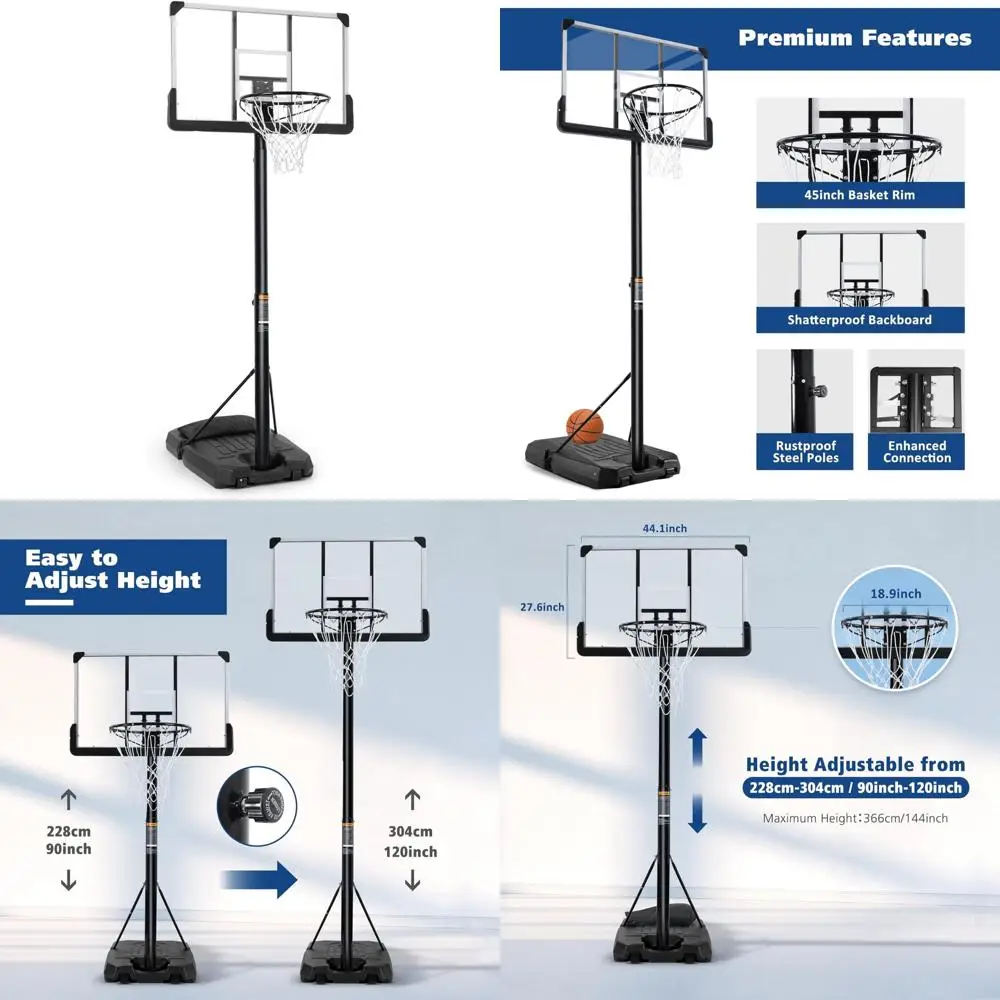 조절 가능한 야외 농구 골대 시스템 6.7피트-10피트, 44인치 백보드 포함, 휴대 가능 및 모래주머니 지지형