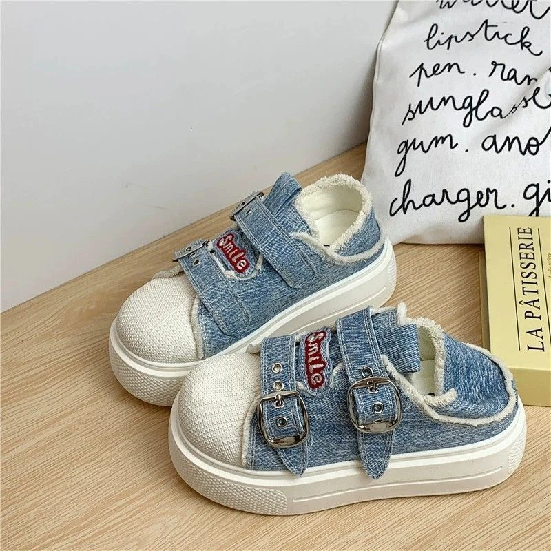 Washed Denim Platform Two-Way Sneakers Women Frayed Embroidery Buckle Strap Slip On Trainers Woman Casual Daily Student Shoes