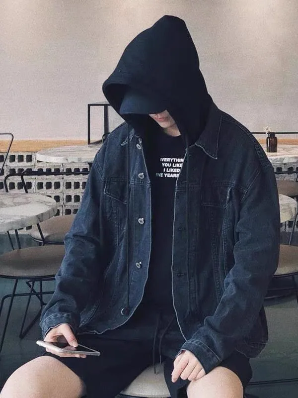 

Повседневная свободная мужская джинсовая куртка с капюшоном, Гонконгская рабочая одежда для студентов, модная брендовая молодежная длинная куртка све