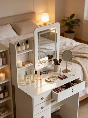 Modern Makeup Vanity Desk with Drawers &amp; Mirror, Space-Saving Dressing Table for Bedroom, Holiday Gift Idea