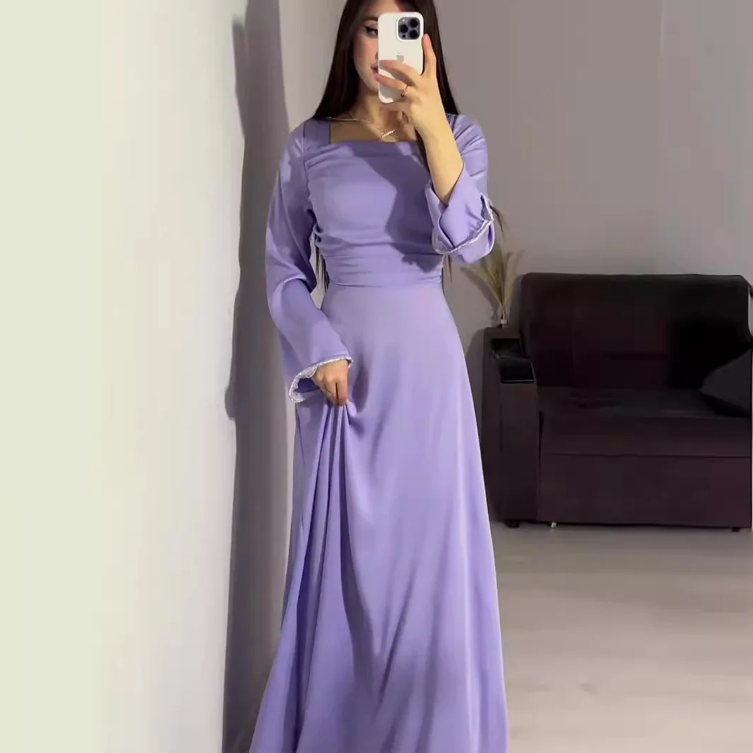 Woman Clothing 2024 Spring New Handmade Diamond Studded Ribbon Design Abaya Solid Color Long Sleeve Satin Slimming Maxi Dress