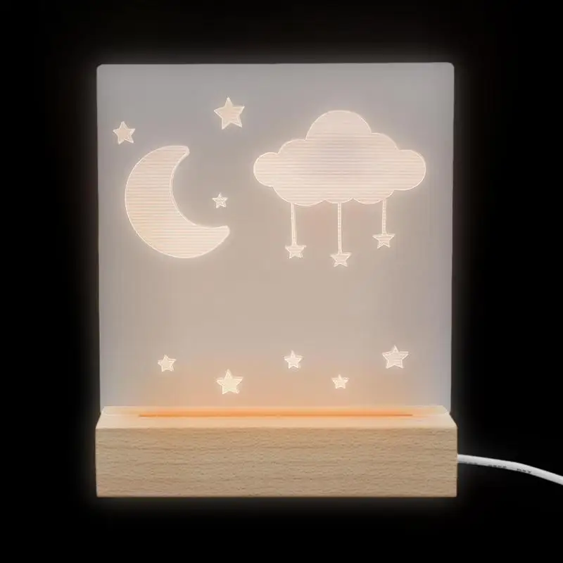 

Kids Night Light Acrylic Bedside Night Lamp With Cartoon Star Moon Clouds Creative Led Night Light With Wooden Base For Living