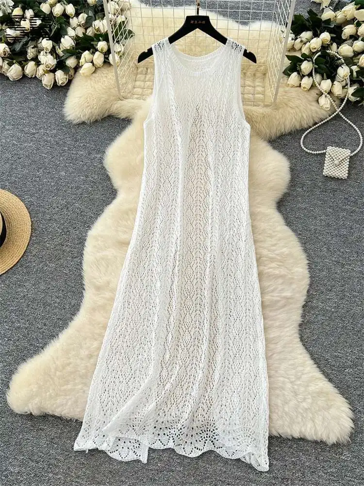 Babyoung split casual vestido de malha 2025 verão suave sem mangas o pescoço sobre camisa oco para fora feminino coreano praia vestidos longos