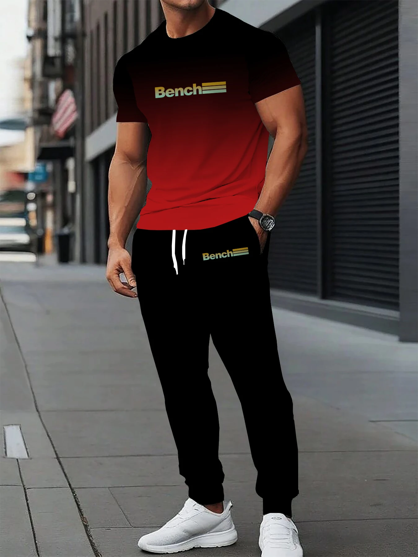 

Summer new men's casual two-piece round neck short sleeved T-shirt and drawstring pants with pockets knitted outdoor sportswear