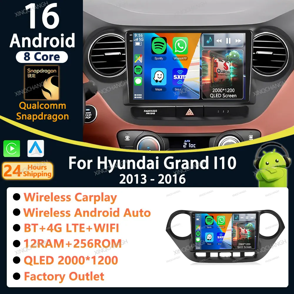 Android 16 Car Radio Carplay Auto For Hyundai Grand I10 2013 - 2016 Head Unit Casing Frame Video QLED 4G LTE 5G WIFI Accessories