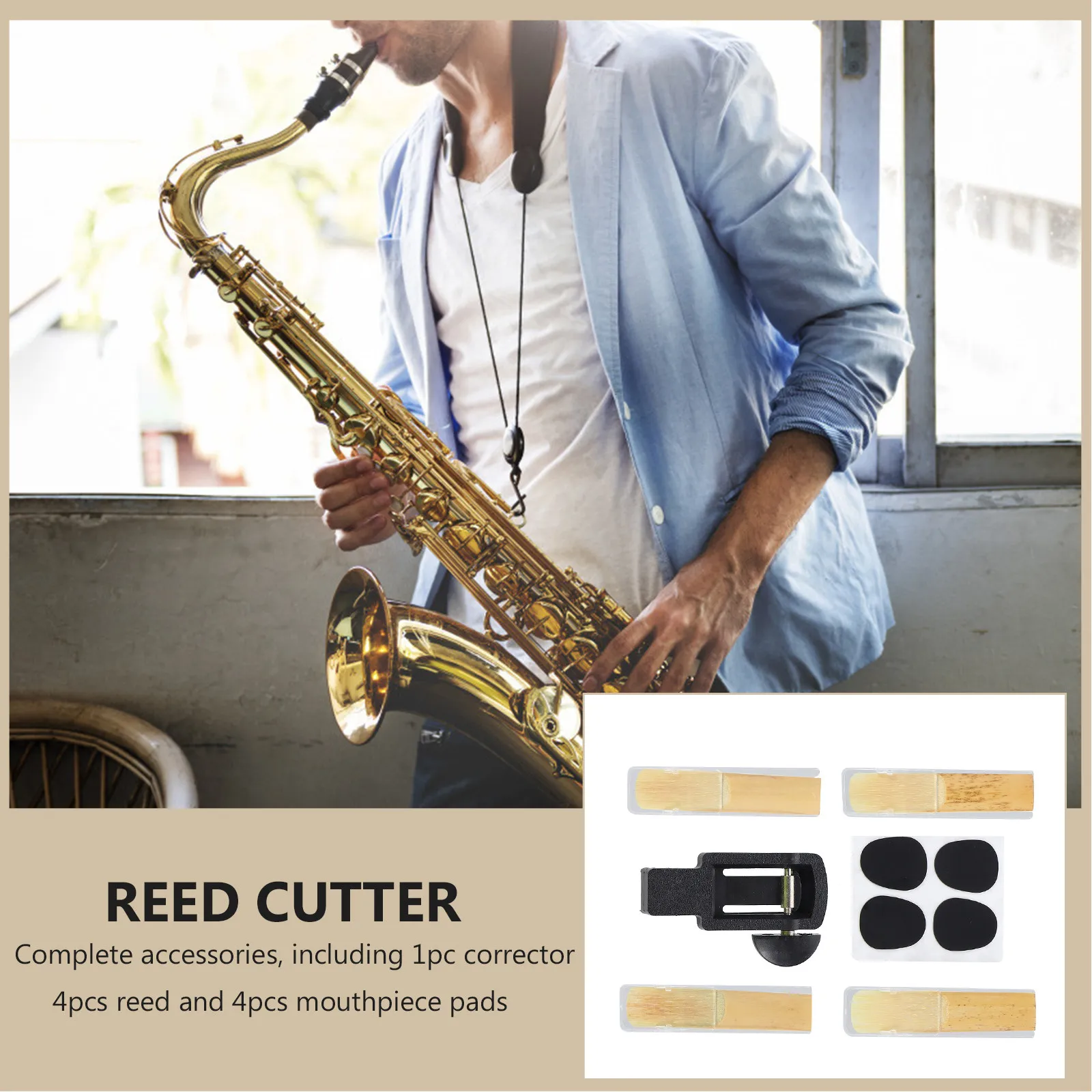 1Set Saxophone Reed Trimmer Set for Alto Sax Includes Reed Corrector 4 Reeds 4 Cushion Pads Even Straight Smooth Incision