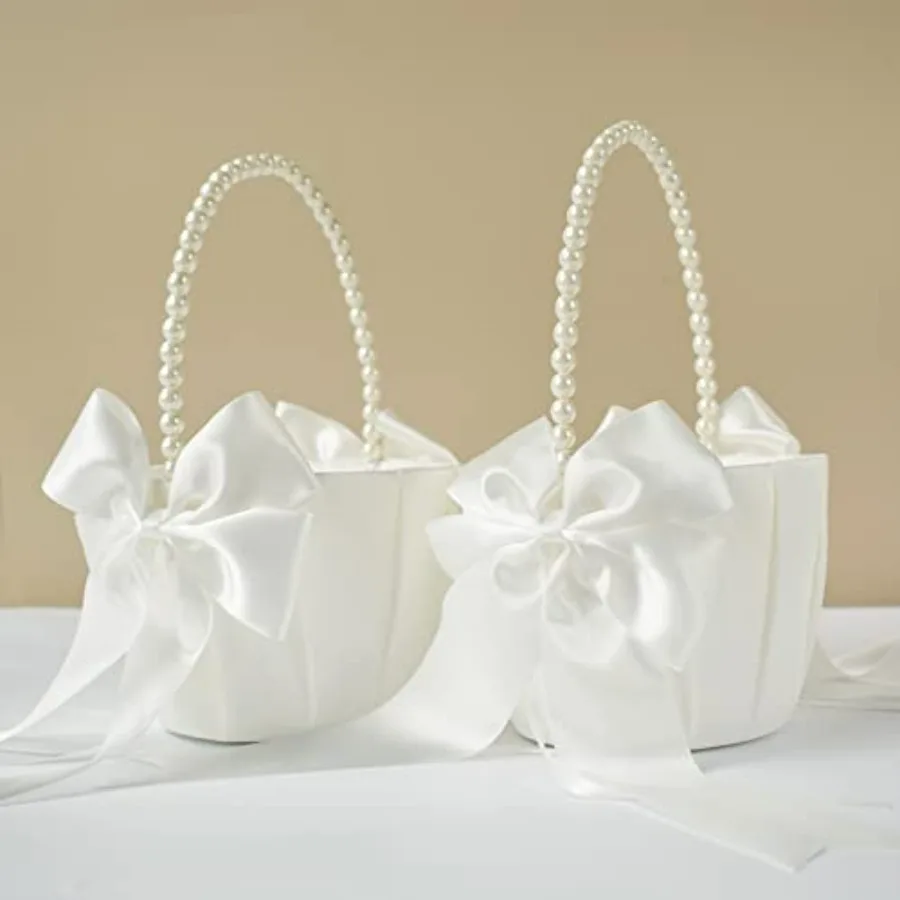 

2 Pcs Wedding Flower Girl Baskets with Cute Pearl Handle Bowknot Satin Flower Baskets for Wedding Ceremony