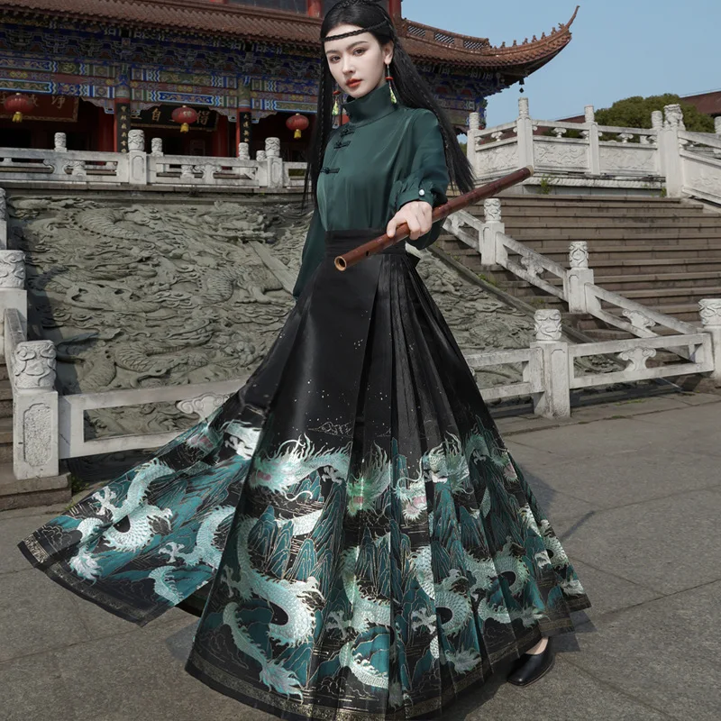 Origina gaun Hanfu wanita gaya Cina, kostum tradisional rompi rok mewah set pakaian pola naga hijau setelan kuda baru