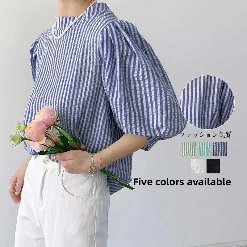 

Women's Summer 2023 Street Style Loose Fit Cotton Shirt with Bow Tie Bubble Sleeve Five Sleeve Elegant Commuting Top