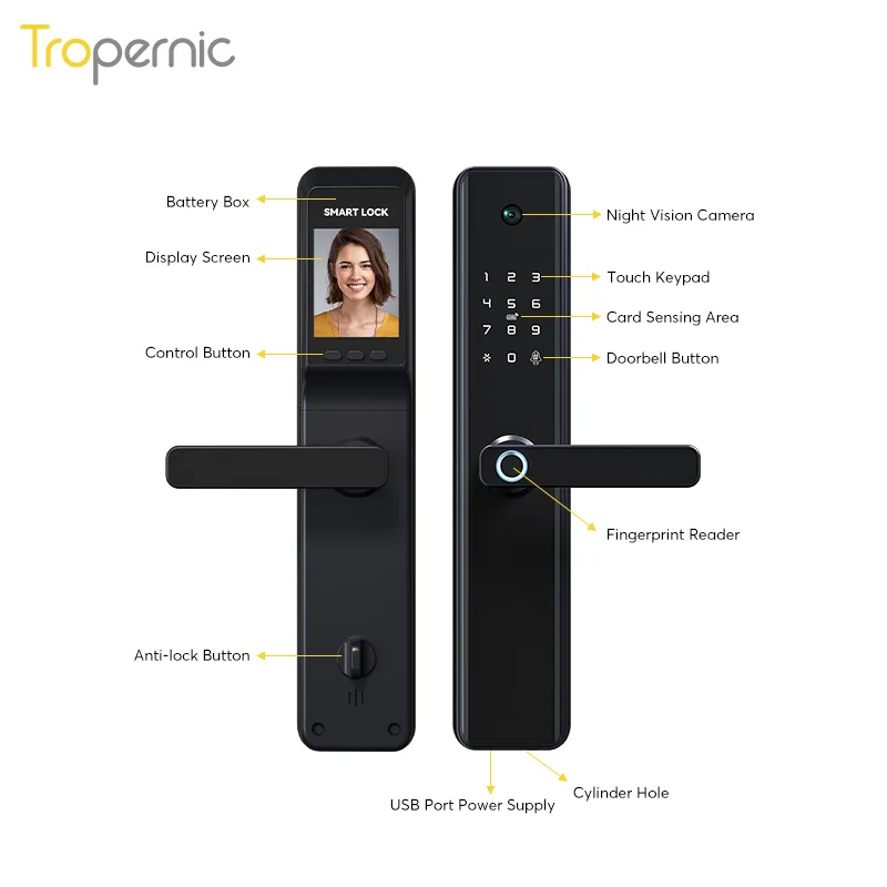 Tropernic Newest Keyless Security Electronic Digital Tuya Phone App Wifi Camera Smart Fingerprint Lock Outdoor with 6068 Mortise