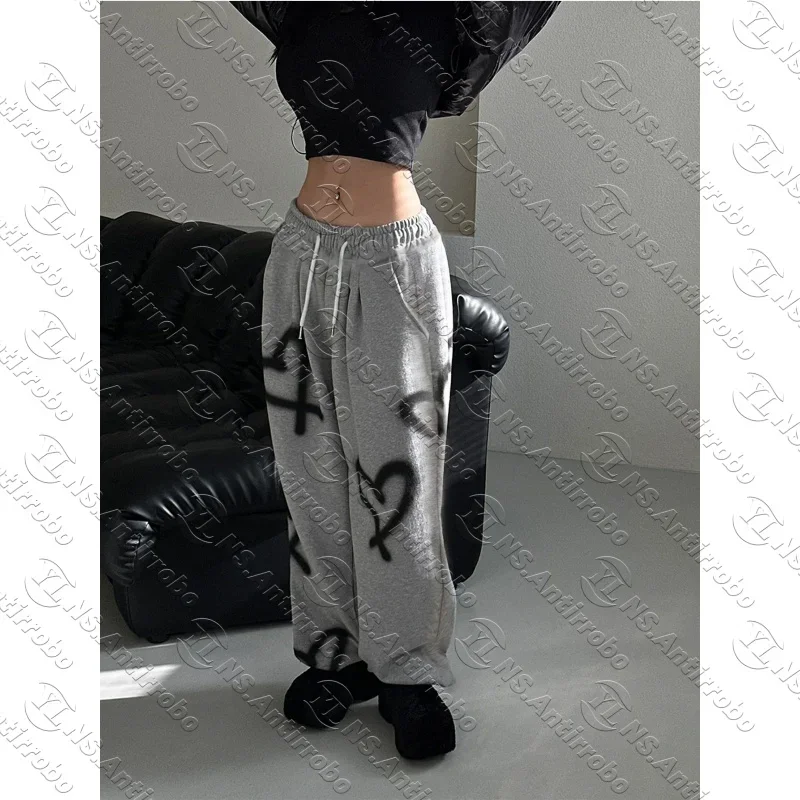 25-26 Summer Autumn Women's Random Heart Print Drawstring Waist Sweatpants Y2k Pants Wide Leg Sweatpants