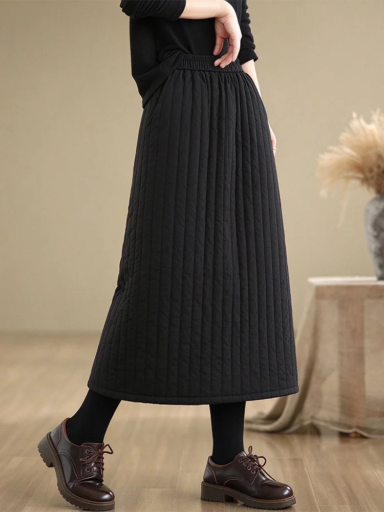High-End Women's Winter Thickened Quilted Midi Skirt Slimming Cotton Half Skirt A-Line Skirt Warmth Inner  Commute Style