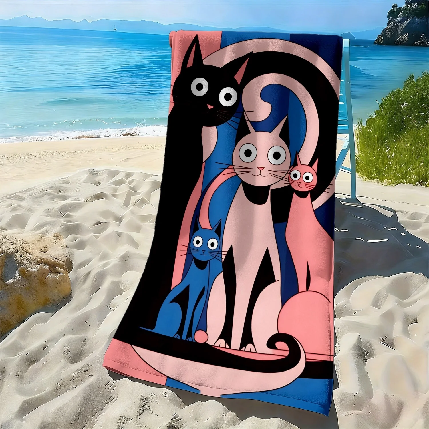 

Modern abstract cat theme polyester microfiber beach towel is highly absorbent, suitable for swimming and beach outings