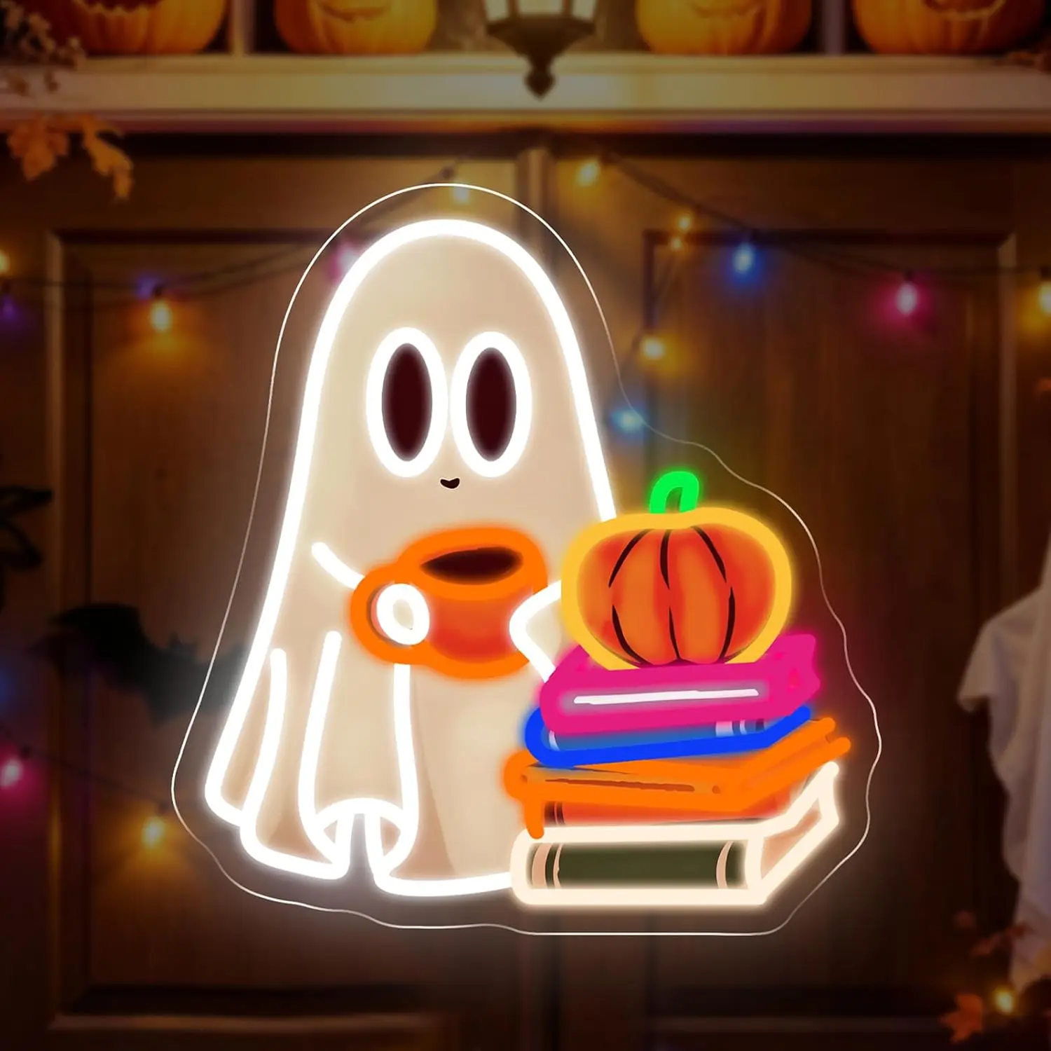 Cute Ghost Reading Book Neon Sign LED Halloween Ghost Neon Light USB Wall Lamp for Bedroom Party Gaming Room Bar Decor Gift