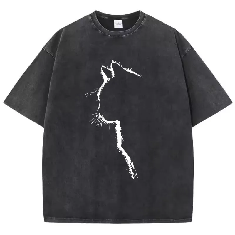T Shirt Vintage Washed 100% Cotton T-Shirt Retro Cat Graphic Tee Casual Streetwear for Spring Summer Fall Top Tee