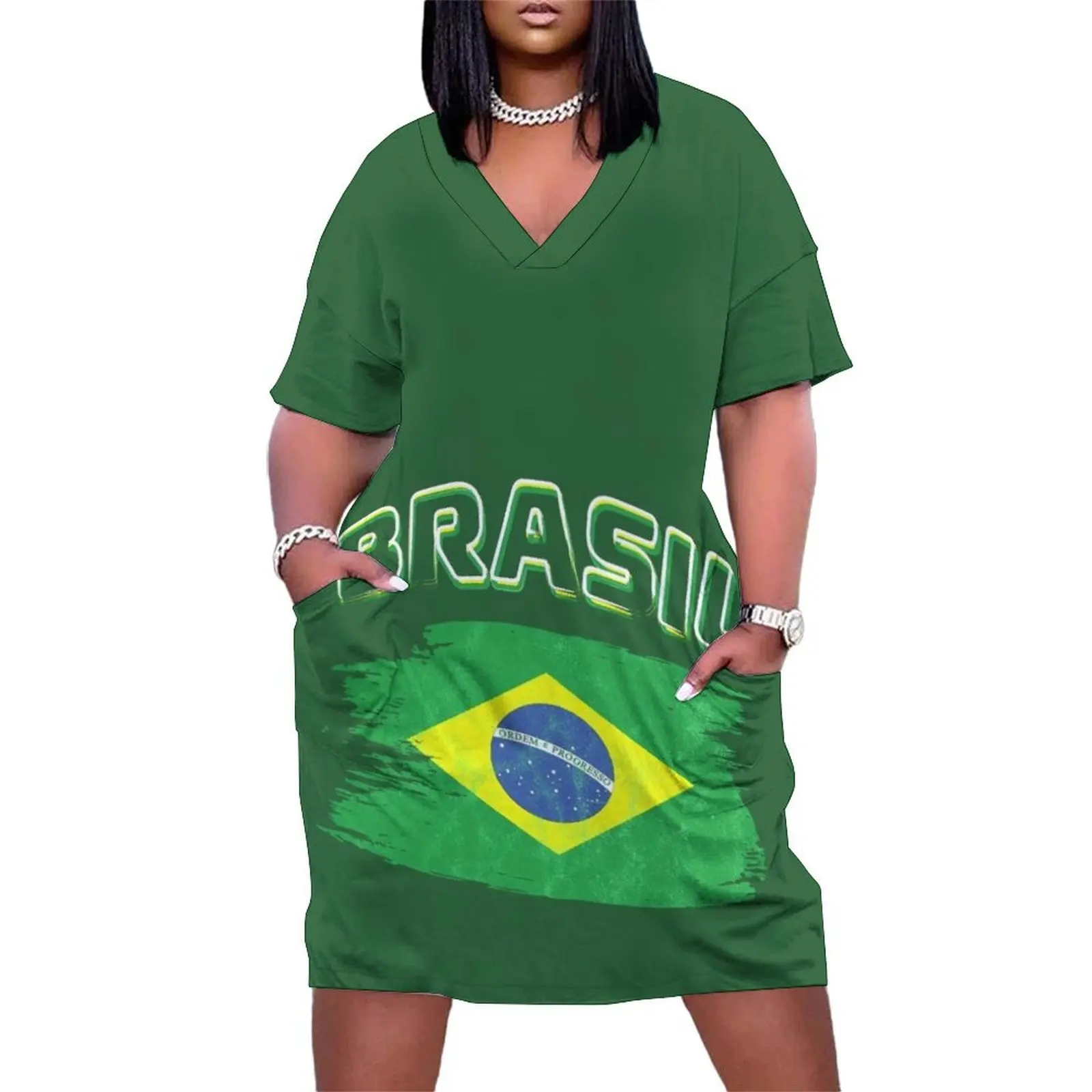 

Brazil Flag Vintage Reto Grungy Effect Loose Pocket Dress Woman's evening dress sexy dress for women