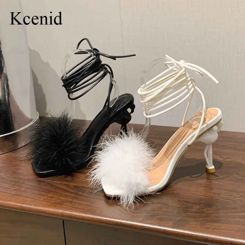 

Kcenid 2024 New Fashion Strange High Heel Sexy White Cross Strap Sandals Women Fluffy Feather Square Toe Party Dress Shoes Pumps