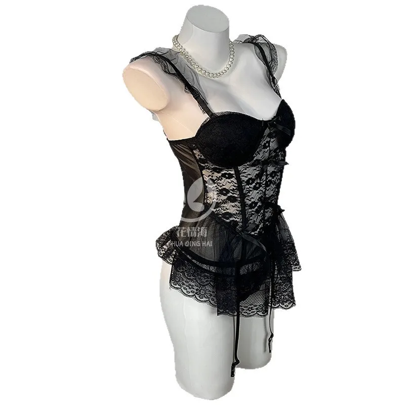 

Sexy Lingerie Sweet Slim-Fit Fishbone Strap Bow Lace Hot Girl Bodysuits Pure Desire Backless Deep V Suspenders Sleeveless ZG2K