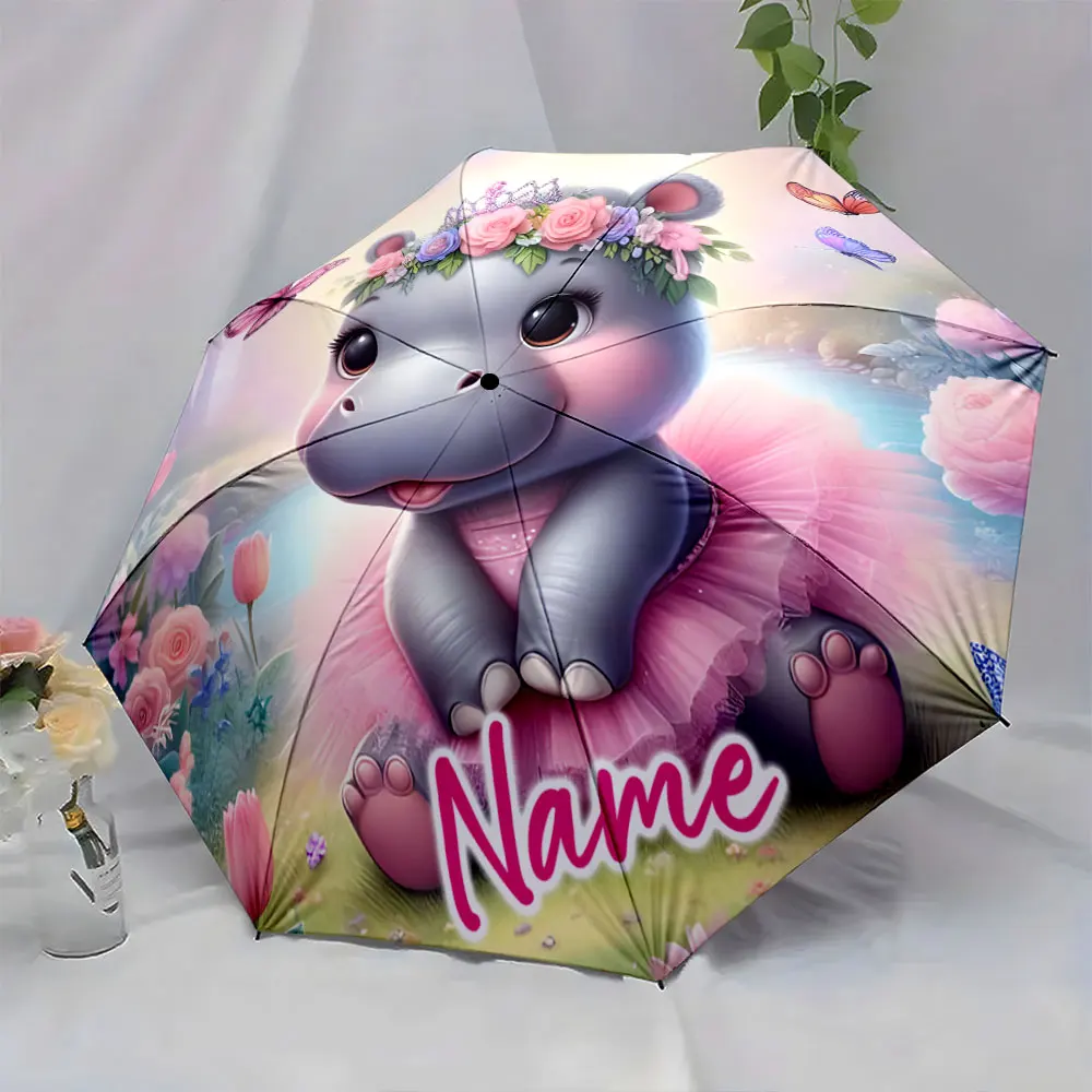 Custom Name Adorable hippo-themed umbrella with colorful butterflies 8 Iron Ribs Folding Umbrella Auto-Open Fashion Sunshade