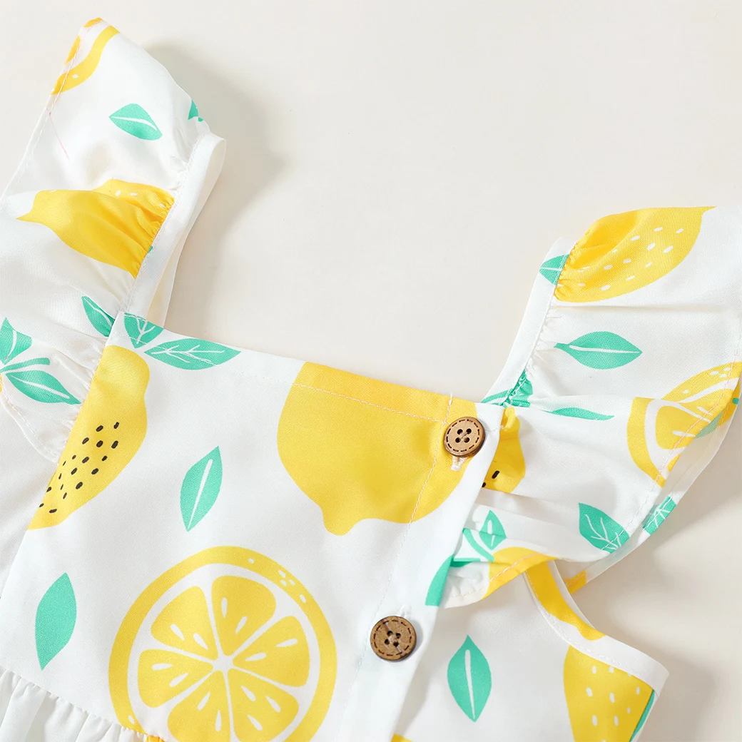 PatPat Toddler Girl Dresses Button Design Lemon Print/Plaid Flutter-sleeve Dress