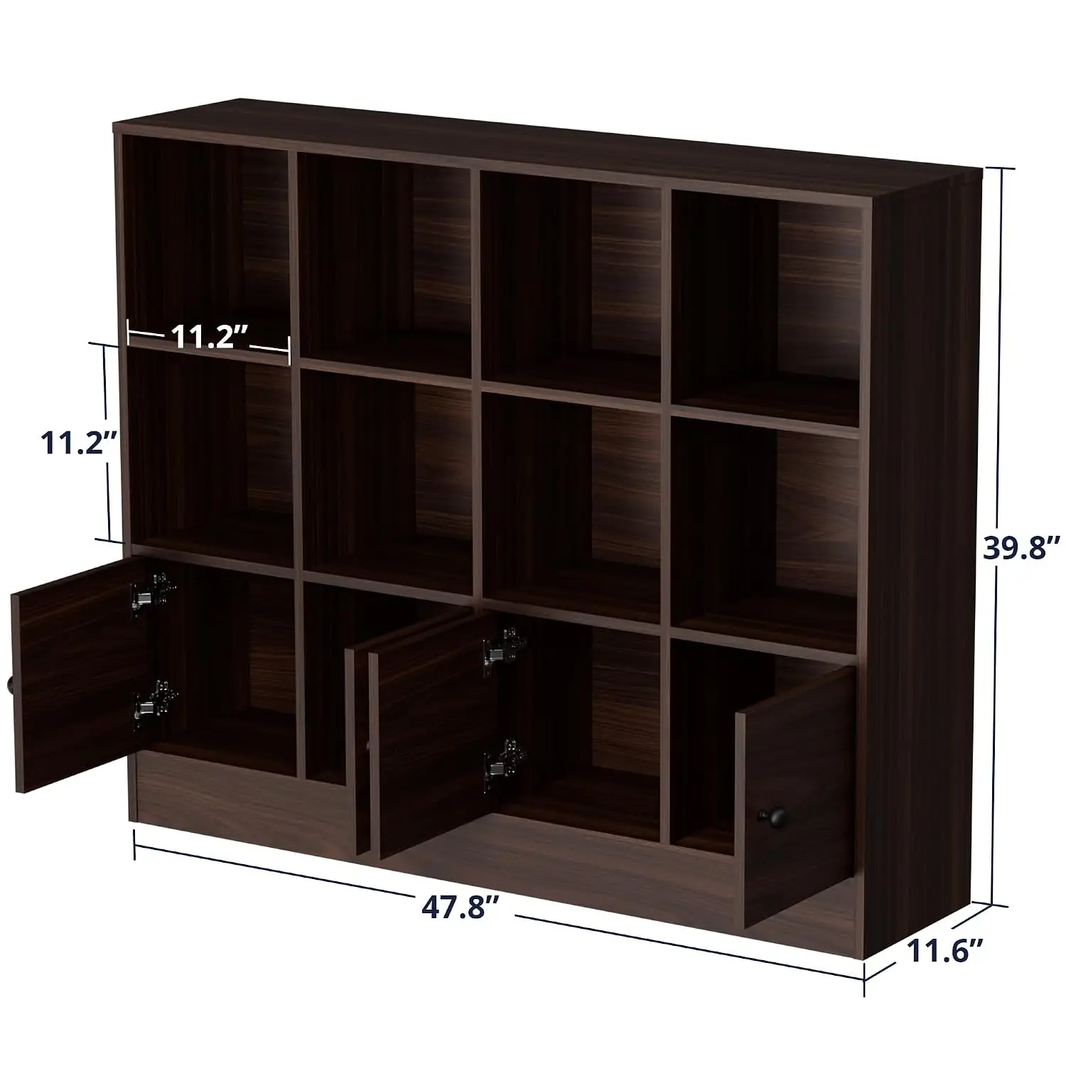 Brown Wood Bookcase 12 Cube Shelf 4 Door 3 Tier Adjustable Living Room Office Entryway, Customized
