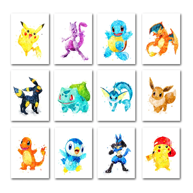 Pokemon Watercolor Canvas Painting Pikachu Charizard Bulbasaur Poster Home Dorm Wall Art Decoration Children Gift Mural Cuadros