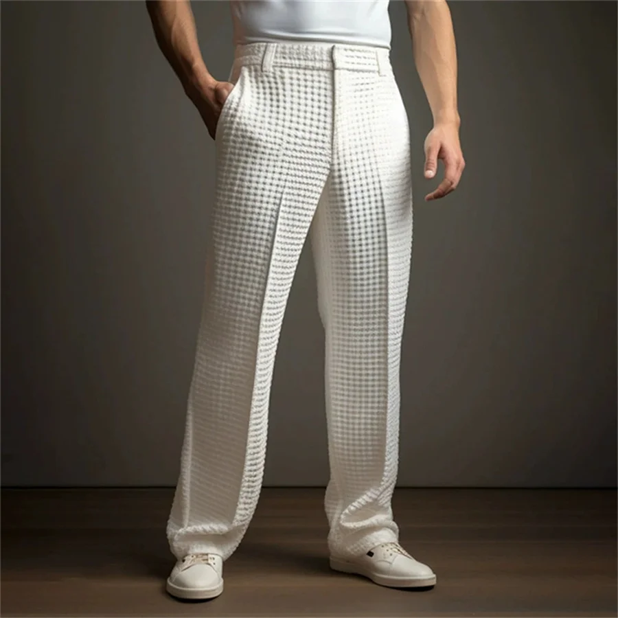 New 2027 Men's Elegant Waffle Suit Pants Solid Loose Straight Trousers Business Social Dress Pants Casual Vacation Pants for Men