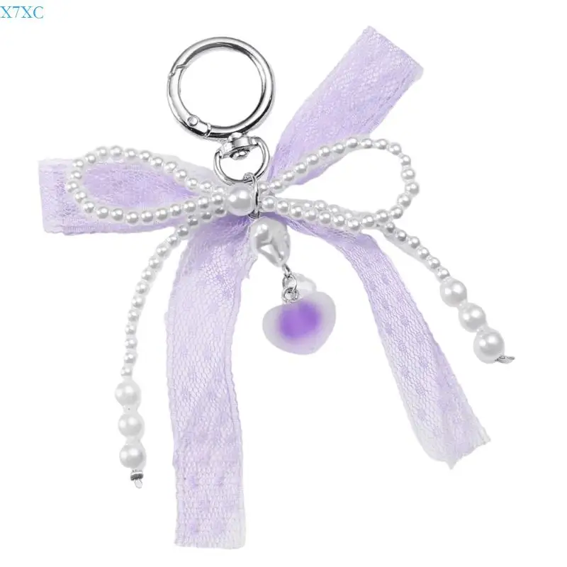 

X7XC Stylish Ribbon Bowknot Backpack Keyring Fashionable Keychain Elegant Beaded Charm Pendant Accessory Gift for Women